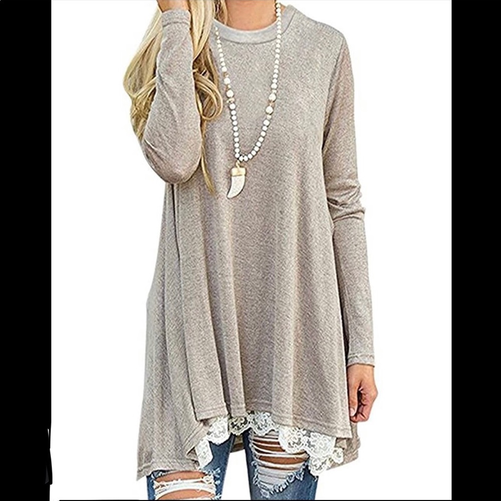 NWOT Women's Crew Neck Long Sleeve Lace Splicing Swing Shirt Long Tunic XXL